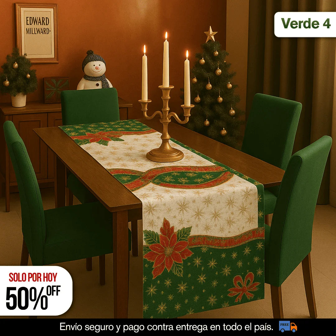 SET NAVIDEÑO DE COMEDOR – 4 FUNDAS PARA SILLAS + CENTRO DE MESA
