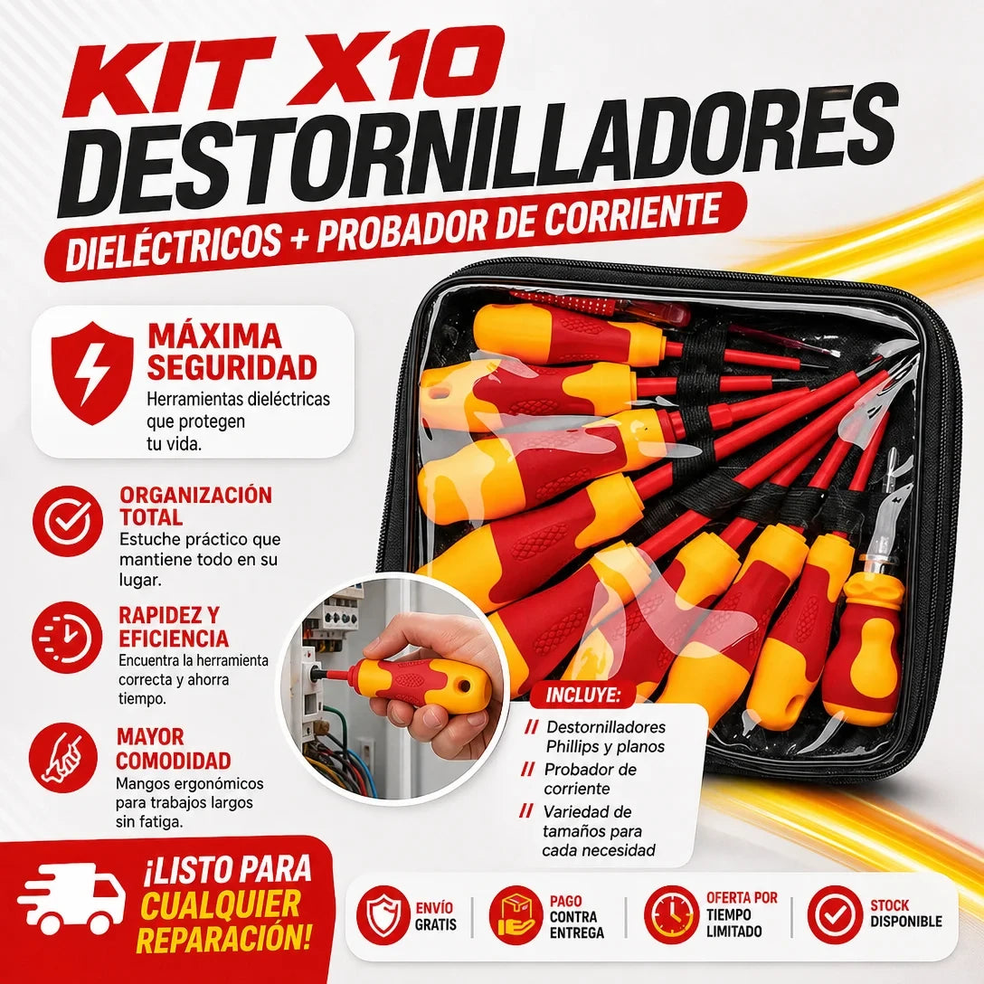 KIT X 10 DESTORNILLADORES DIELÉCTRICOS + PROBADOR DE CORRIENTE
