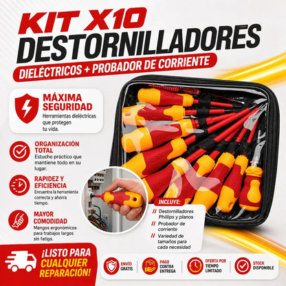 KIT X 10 DESTORNILLADORES DIELÉCTRICOS + PROBADOR DE CORRIENTE