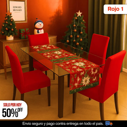 SET NAVIDEÑO DE COMEDOR – 4 FUNDAS PARA SILLAS + CENTRO DE MESA