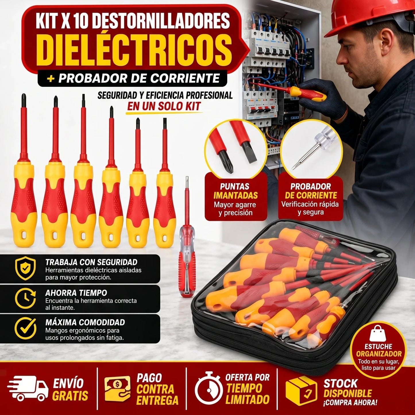 KIT X 10 DESTORNILLADORES DIELÉCTRICOS + PROBADOR DE CORRIENTE