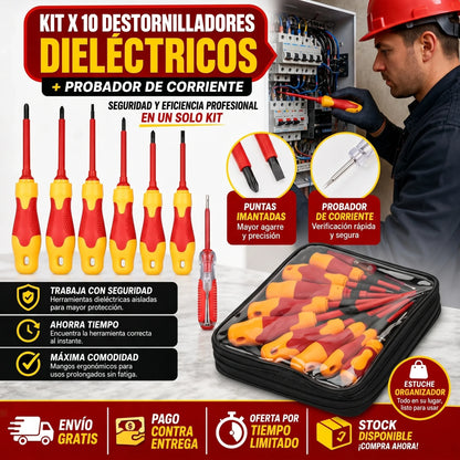 KIT X 10 DESTORNILLADORES DIELÉCTRICOS + PROBADOR DE CORRIENTE