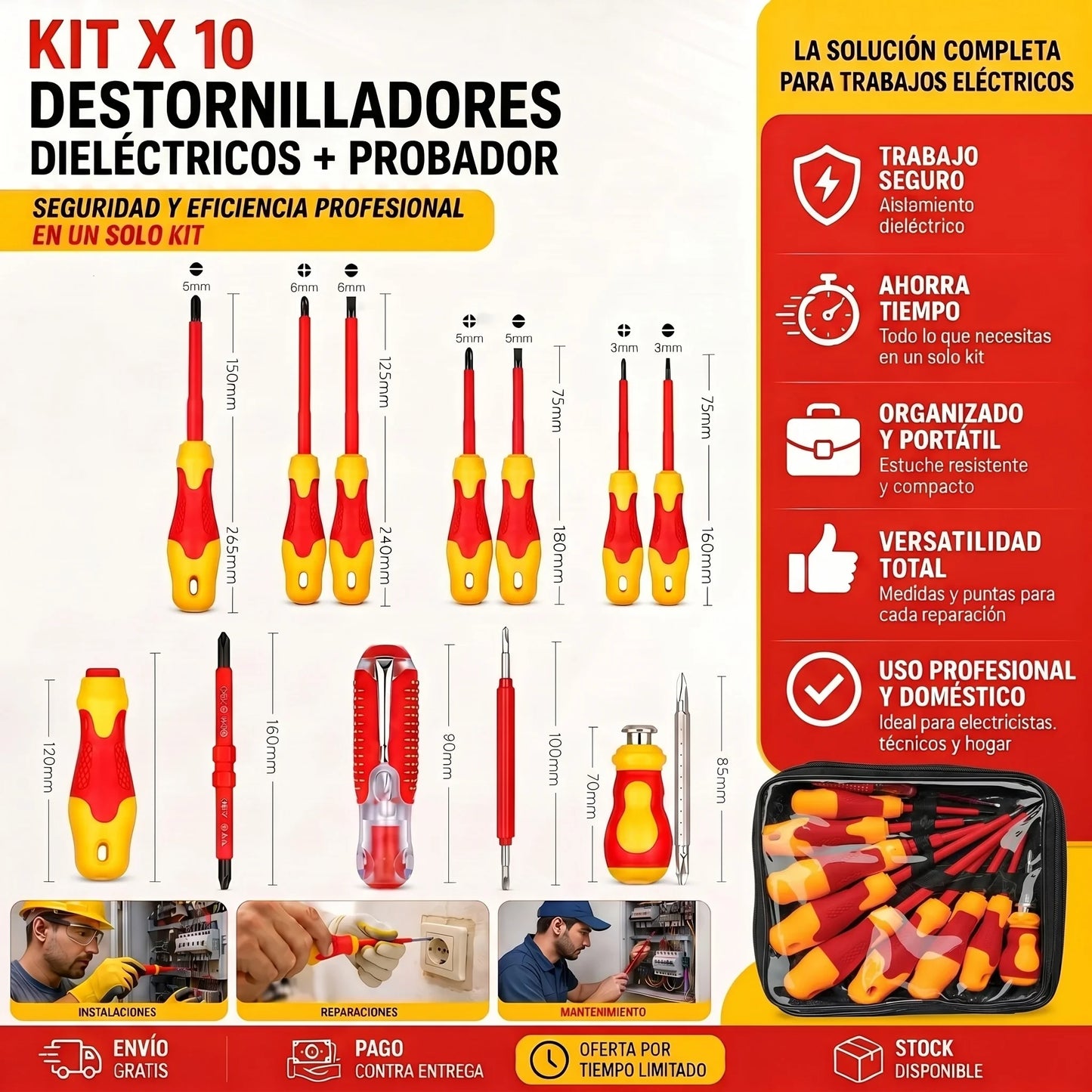 KIT X 10 DESTORNILLADORES DIELÉCTRICOS + PROBADOR DE CORRIENTE