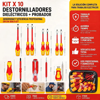 KIT X 10 DESTORNILLADORES DIELÉCTRICOS + PROBADOR DE CORRIENTE