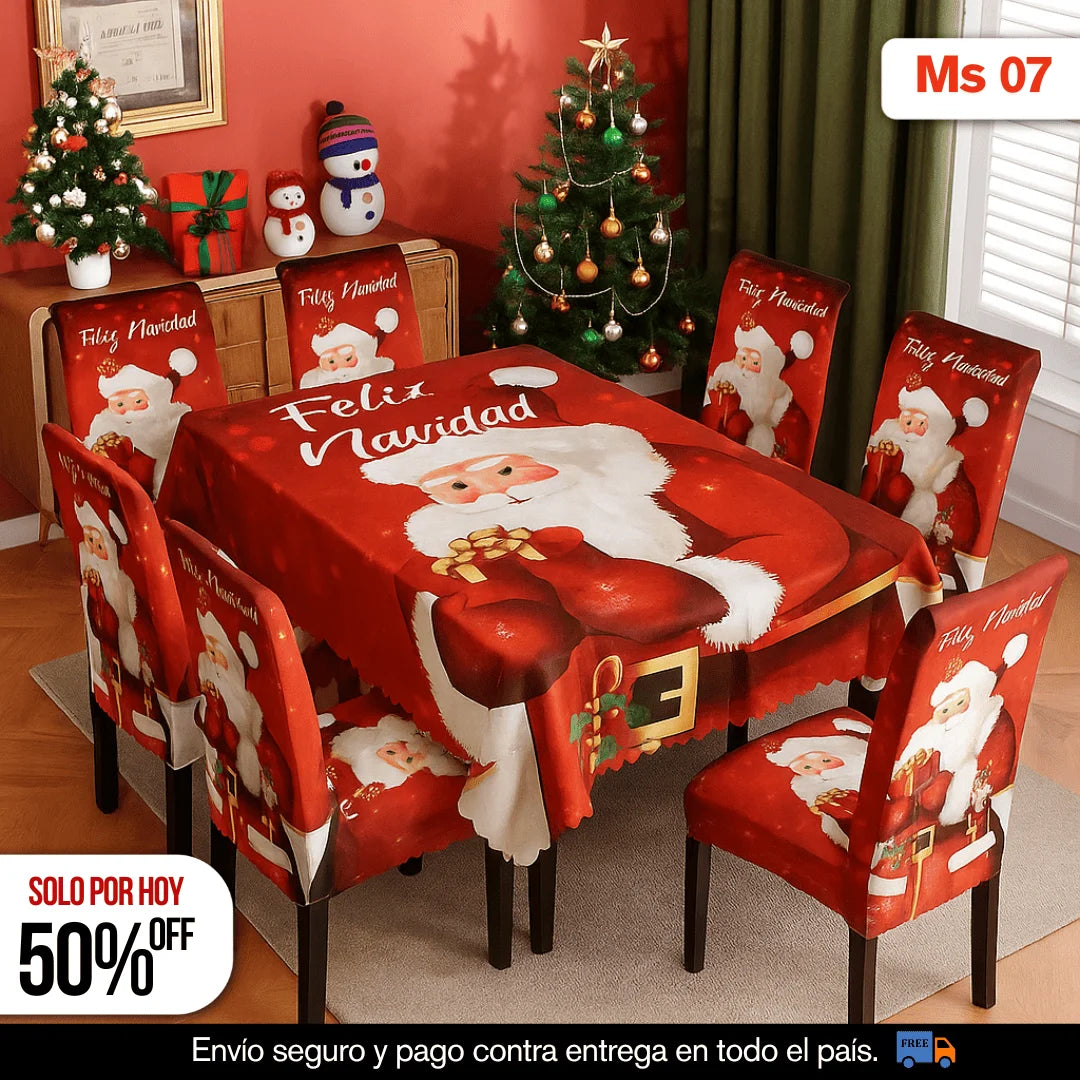 SET NAVIDEÑO DE COMEDOR – 6 FUNDAS PARA SILLAS + MANTEL