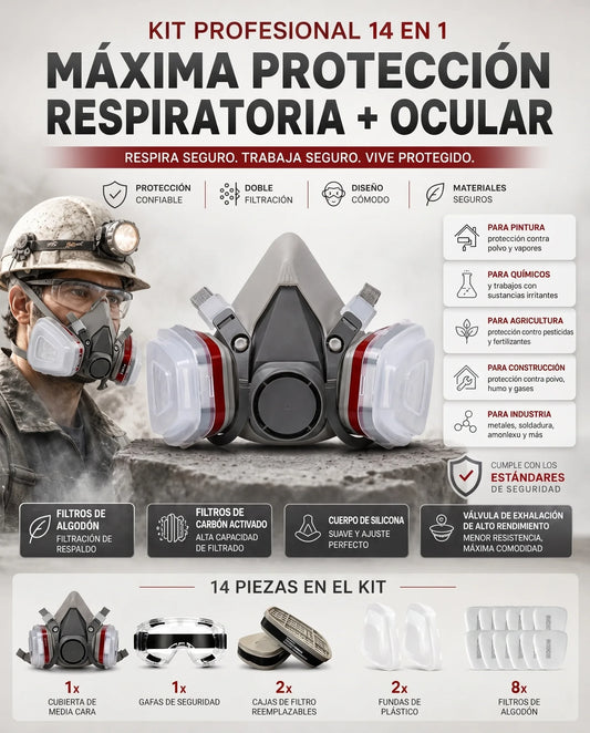 KIT DE PROTECCION INDUSTRIAL MASCARA DE GAS + ACCESORIOS